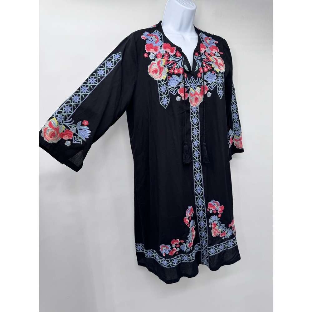 Paparazzi Johnny Style Black Colorful Floral Embroidered Tunic Dress boho beach